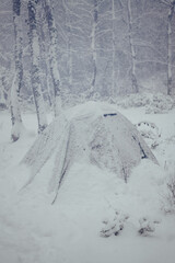 Fototapeta premium Extreme cold weather. Сlimbing tent under the snow.