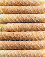 Homemade wafer rolls. Thin and Crispy Waffle. Top view, close-up.