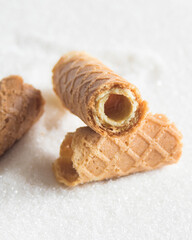 Homemade wafer rolls. Thin and Crispy Waffle. Selective focus.