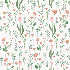 Watercolor seamless pattern with pink red flowers and tulip leaves. Floral background wallpaper design print