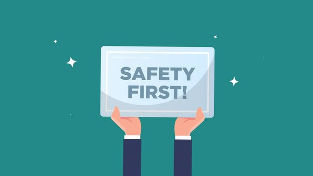 safety first sign animation. hand of businessman hold safety first sign - animation concept. 4K motion animation.