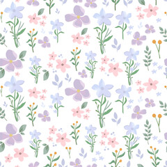 Blue purple floral botanical pattern and seamless background illustration. Spring cute wild flower fresh background.
