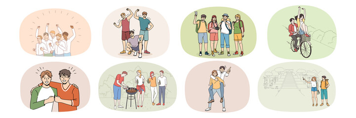 Set of diverse young people have fun enjoy college or university years. Collection of happy teenagers or students relax with friends on summer vacation. Youth, friendship. Vector illustration. 