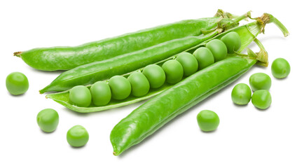 Fresh green pea pods with green peas isolated on white background. clipping path