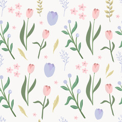 Pink and purple watercolor floral botanical pattern and seamless background illustration. Spring cute wild flower fresh background.