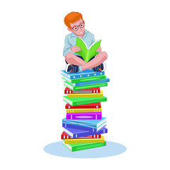 Boy reading book while sitting on stack of books vector illustration.