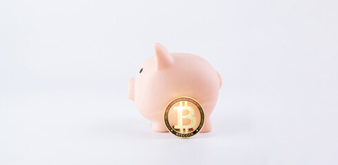 Save money business bitcoin. Pink pig bank with golden bit coin BTC on white background. Save cryptocurrency virtual money concept.