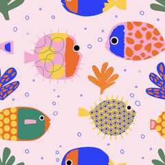 Seamless pattern with cute reef fishes, puffer fishes, corals. Funny multicolor background, marine texture. Contemporary vector illustration. © Caramela