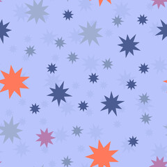 Star pattern on blue sky or galaxy. For children's design, textiles and fabrics, random, repeat, abstract wallpaper. Seamless pattern, endless, pastel colors for decor. Vector illustration