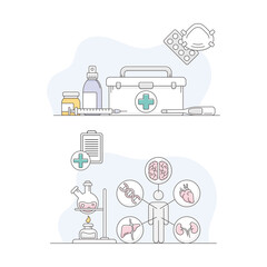 Medicine and healthcare. First aid kit. Body research and diagnosis vector illustration