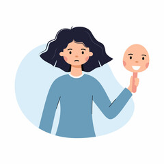 Sad woman holds cheerful mask in hand. Bipolar personality disorder. Psychological problems. Depression.