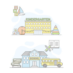 Town public building set. Kindergarten and school facade, commercial property vector illustration