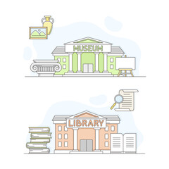 Town public building set. Museum and library facade, commercial property vector illustration