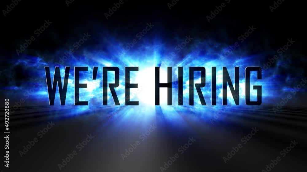Poster epic cinematic we are hiring text effect with motion misty blue shine 3d volume light rays and shado