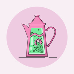 Funny, cartoon teapot with tea leaves and flower flat vector illustration isolated on pink background