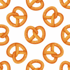 Bavarian pretzel seamless pattern on isolated background. Vector cartoon illustration.