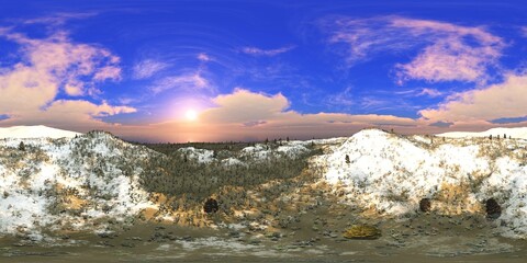 Mountain landscape, sunrise in the mountains,  HDRI, environment map , Round panorama, spherical panorama, equidistant projection, panorama 360, 3d rendering