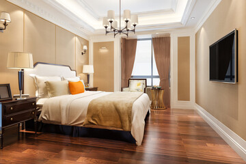 3d rendering beautiful comtemporary luxury bedroom suite in hotel with tv