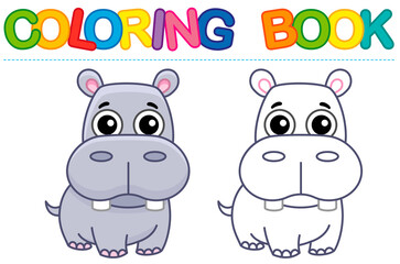Zoo animal for children coloring book. Funny hippo in a cartoon style. Trace the dots and color the picture