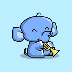 A CUTE ELEPHANT IS PLAYING THE TRUMPET. PREMIUM CARTOON VECTOR.