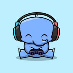 A CUTE ELEPHANT IS PLAYING A GAME AND WEARING HEADPHONES. PREMIUM CARTOON VECTOR.