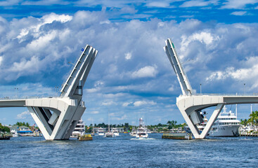 Fort Lauderdale, Florida - February 29, 2016: Beautiful view of city canals and draw bridge on a sunny winter day.
