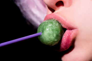 Woman licking lollipop, art banner, red lips with lollipop. Sexy red female mouth and tongue with lolli pop. Art print for design.