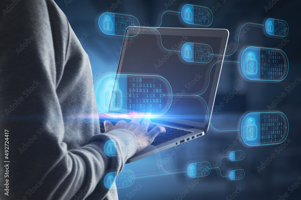 Poster Close up of hacker hand using laptop with abstract big data and security nodes hologram on blurry office interior background. Technology, hacking, web safety and programming concept. Double exposure.