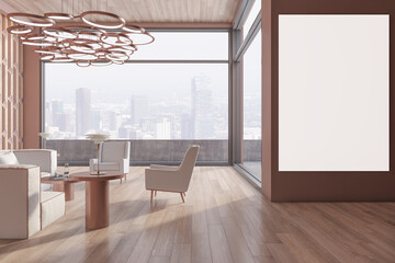 Fototapeta na wymiar Modern living room interior with empty white mock up banner, wooden flooring, bright panoramic city view, furniture and daylight. 3D Rendering.