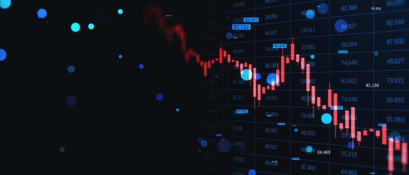 Abstract falling candlestick forex chart on blurry wide dark index grid background and mock up place. Finance and crisis concept. 3D Rendering.