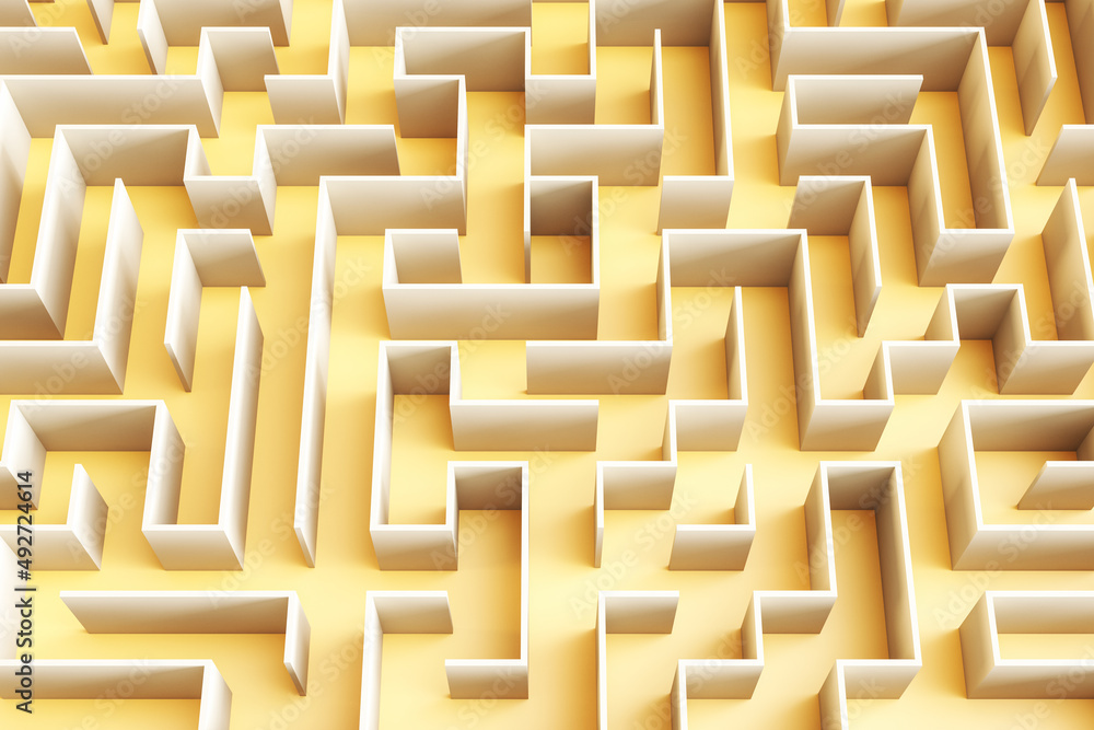 Poster creative yellow maze wallpaper. solution, way out and challenge concept. 3d rendering.