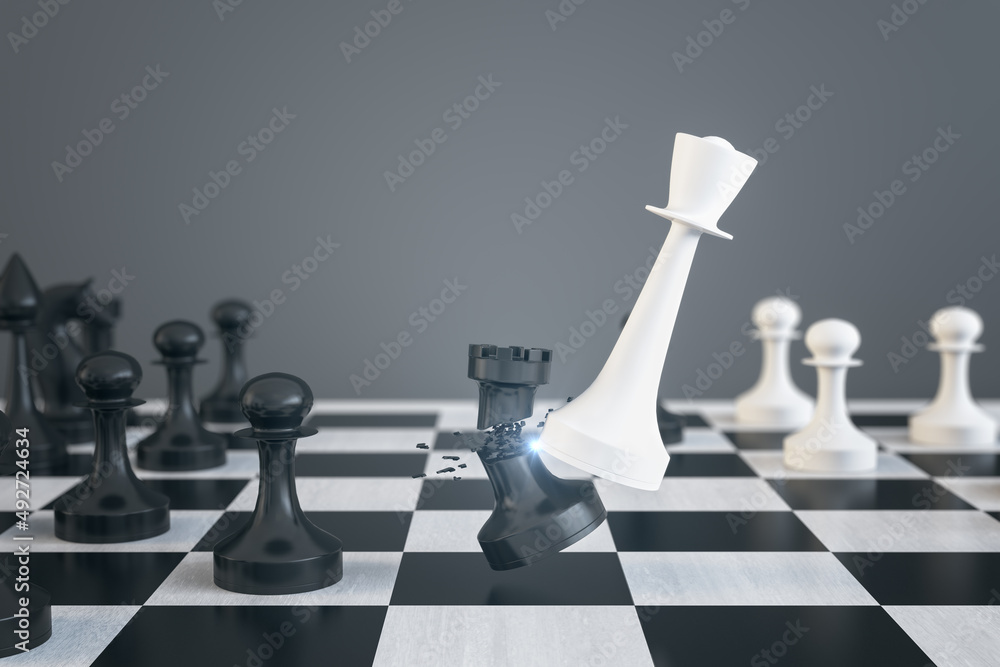 Poster creative gray chess backdrop with breaking figures. battle, match and strenght concept. 3d rendering