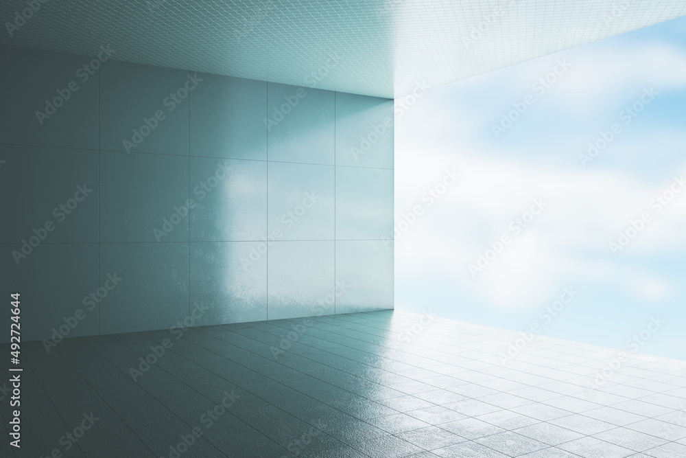 Poster empty blank concrete interior with bright daylight and mock up place on wall. gallery and living con