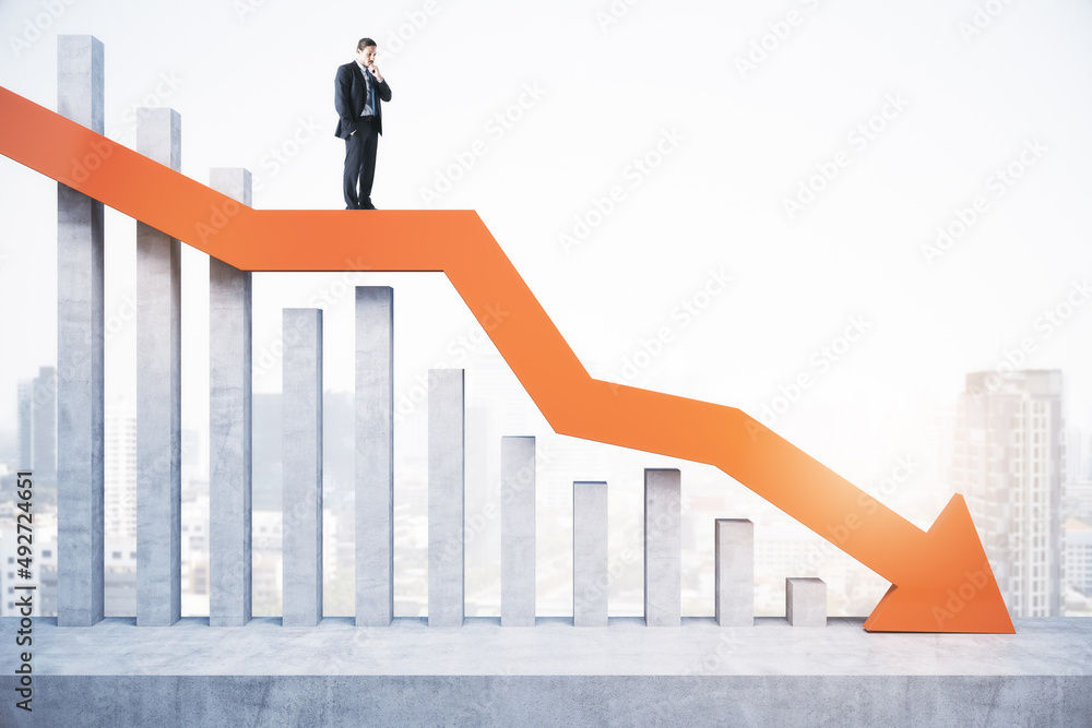 Poster attractive tiny european business man standing and balancing on abstract red downward chart arrow on