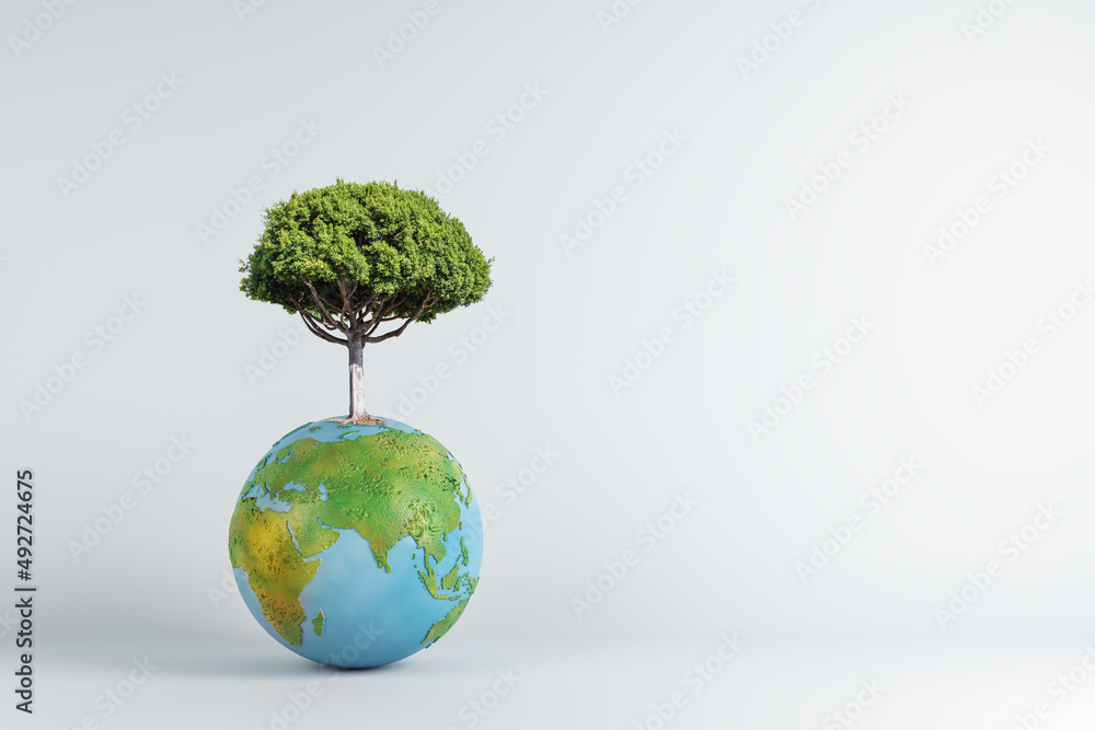 Poster Abstract globe with tree on white background with mock up place. World, earth, ecology and planet concept. 3D Rendering.