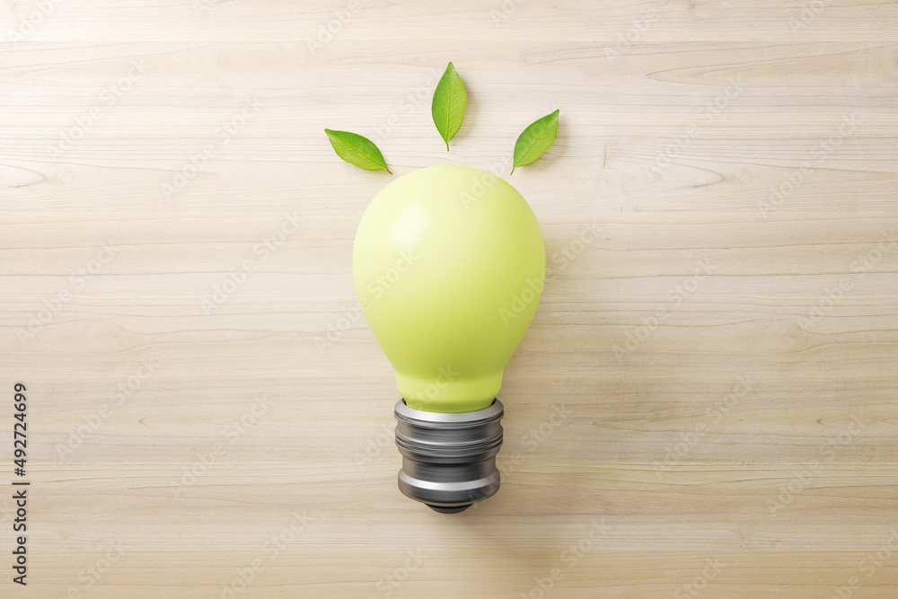 Poster abstract green lamp on wooden background. energy and save concept. 3d rendering.