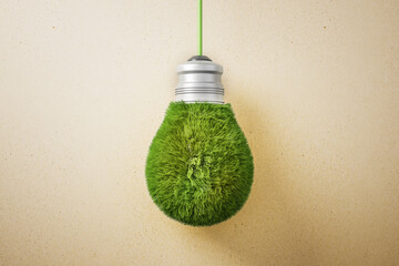 Abstract green grass light bulb on brown background. Eco concept and energy concept. 3D Rendering.