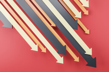 Downward chart arrows on red background. Down, drop, finance and crisis concept. 3D Rendering.