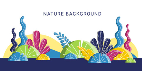 Colorful nature banner with flat plants and bushes