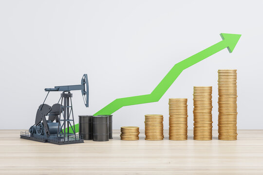 Growing Oil Price Coin Chart On White Background With Arrow And Mock Up Place. Up, Gas And Petrol Concept. 3D Rendering.