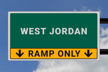 West Jordan logo. West Jordan lettering on a road sign. Signpost at entrance to West Jordan, USA. Green pointer in American style. Road sign in the United States of America. Sky in background