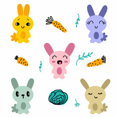 Bunnies and vegetables doodle icons easter collection. Perfect for T-shirt, poster and print. Hand drawn vector illustration for decor and design.