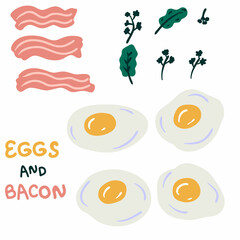 Fried eggs with bacon and greenery vector elements collection. Perfect for logo, menu, stickers and print. Hand drawn vector illustration for decor and design.