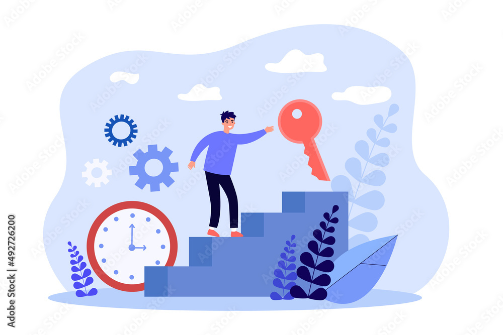 Poster man climbing stairs for key. process of achieving goal and growth of tiny person flat vector illustr