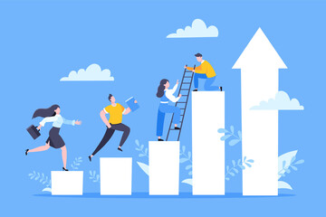 Business mentor helps to improve career and holding stairs steps vector illustration. Mentorship, upskills, climb help and self development strategy flat style design business concept.