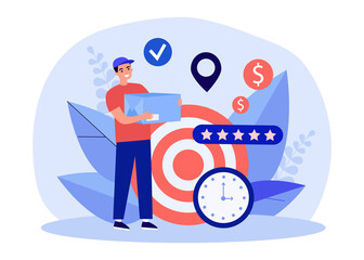 Customers review and online rating of deliverymans work. Man holding mail box flat vector illustration. Delivery service, marketing, commerce concept for banner, website design or landing web page