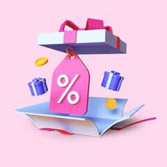 3D rendering of open gift box surprise, earn point concept, loyalty program and get rewards, isolated on pink background	