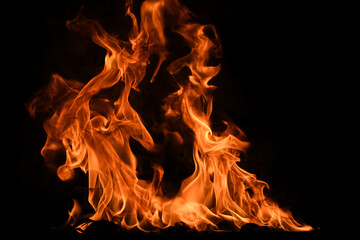 Fire flames on black background. Fire burn flame isolated, abstract texture. Flaming effect with burning fire.