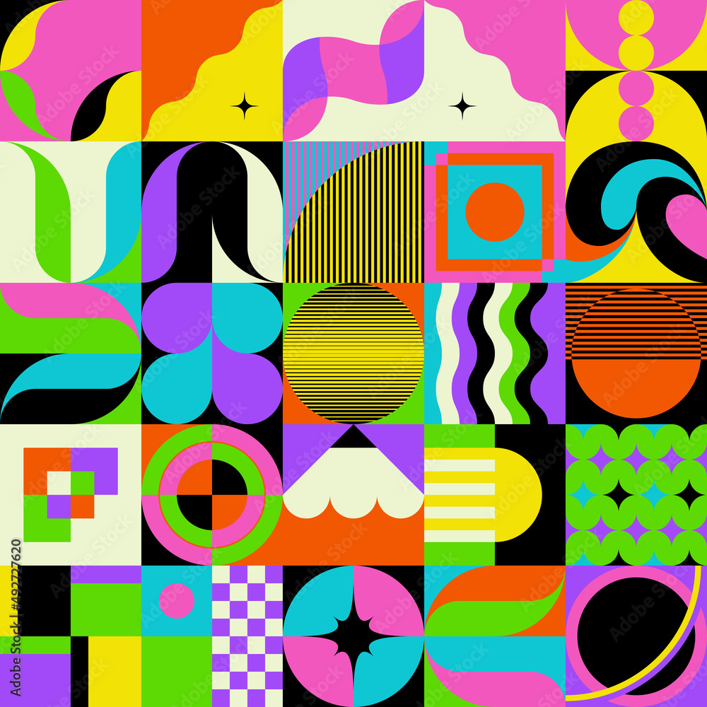Poster neon colored abstract pattern graphics made with vector geometric shapes and elements