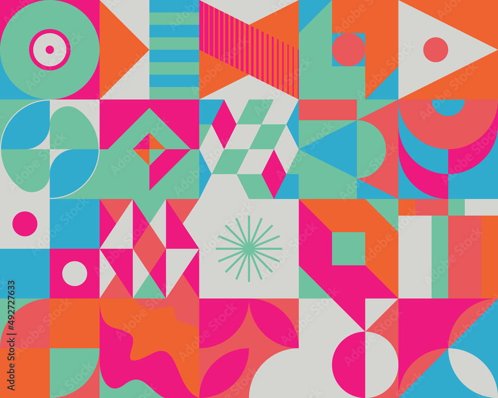 Poster postmodern aesthetics inspired vector graphic pattern made with abstract geometric shapes